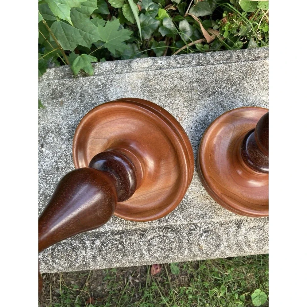Vintage Hand Turned Wood Candlestick Taper Holders Brass Insert Fruitwood